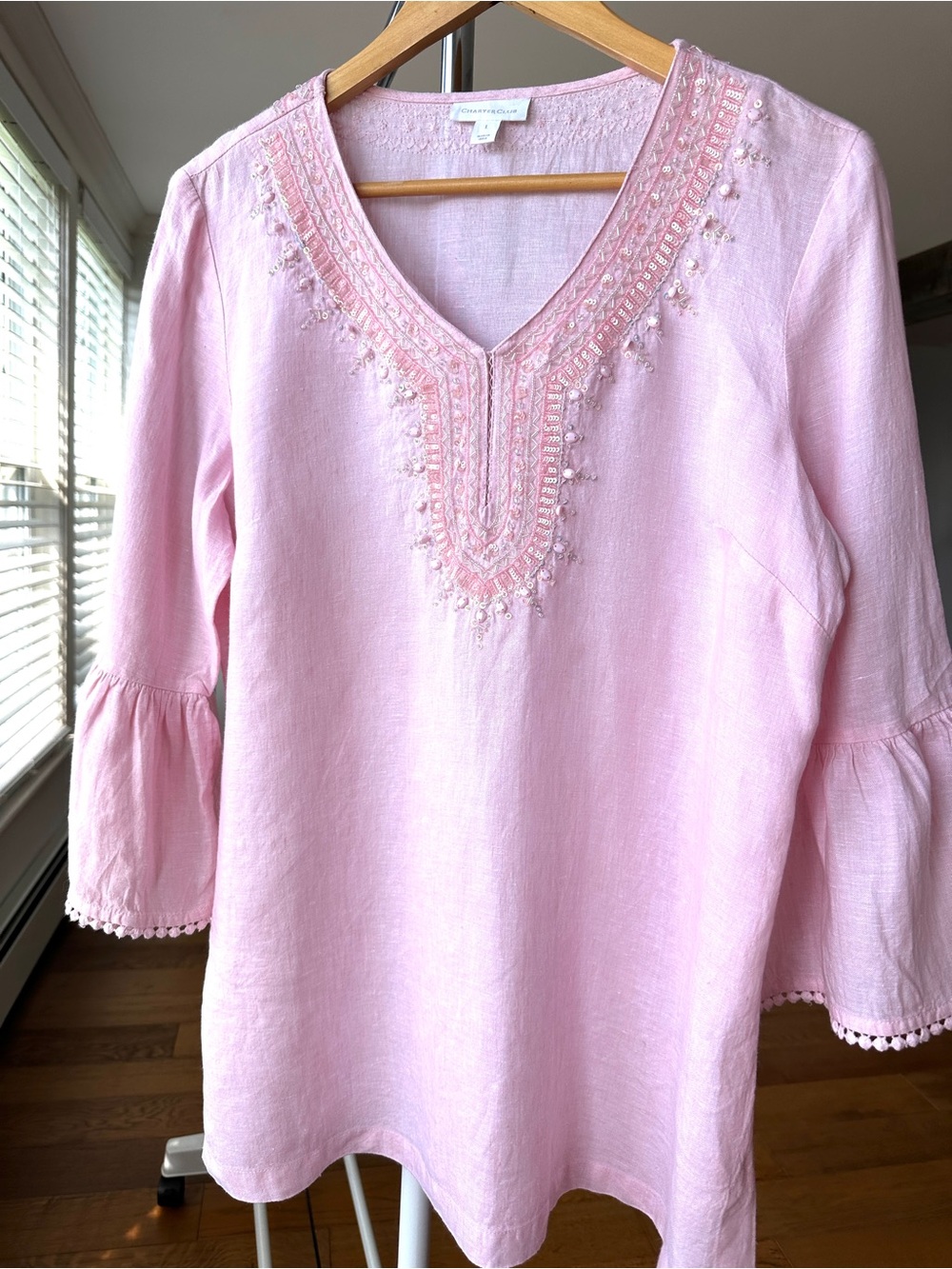 Charter Club V-Neck Tunic Top with Bell Sleeves, Beaded Neckline, 💯 Linen